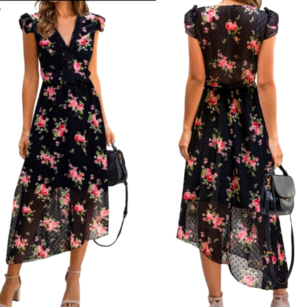 Black and floral semi sheer asymmetrical hem dress. Medium